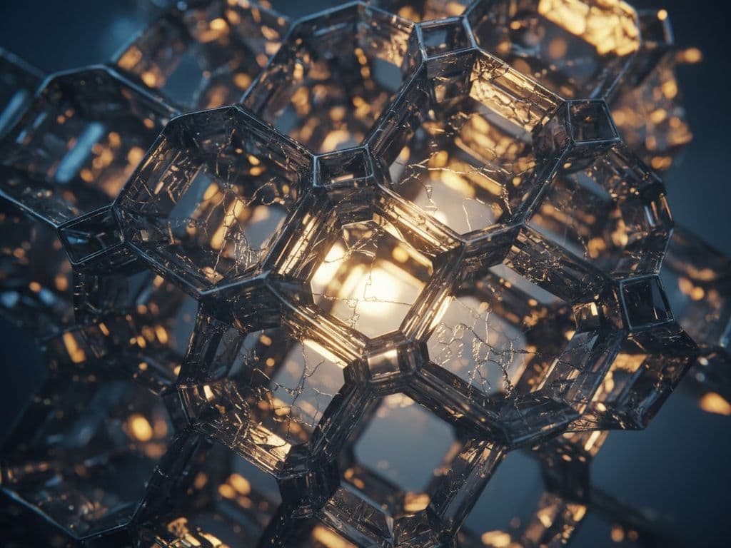 Crystalline metamaterial structure at microscopic scale with light diffracting through geometric lattices, creating pris