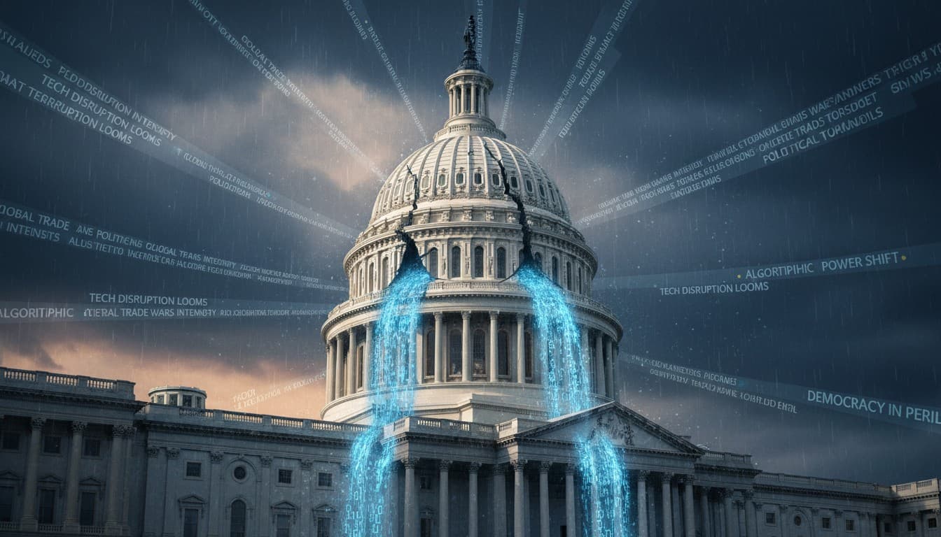 Capitol dome with digital disruption representing 2018 technological and political upheaval
