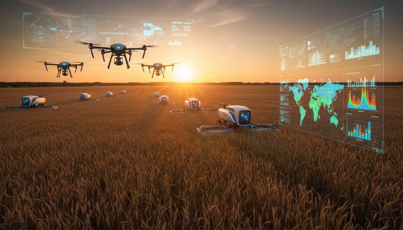 AI-powered precision agriculture with drones and data overlays addressing world hunger