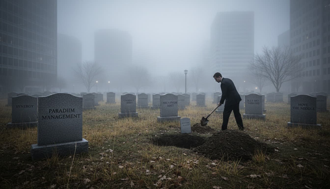 Corporate buzzword graveyard symbolizing the death of change management rhetoric