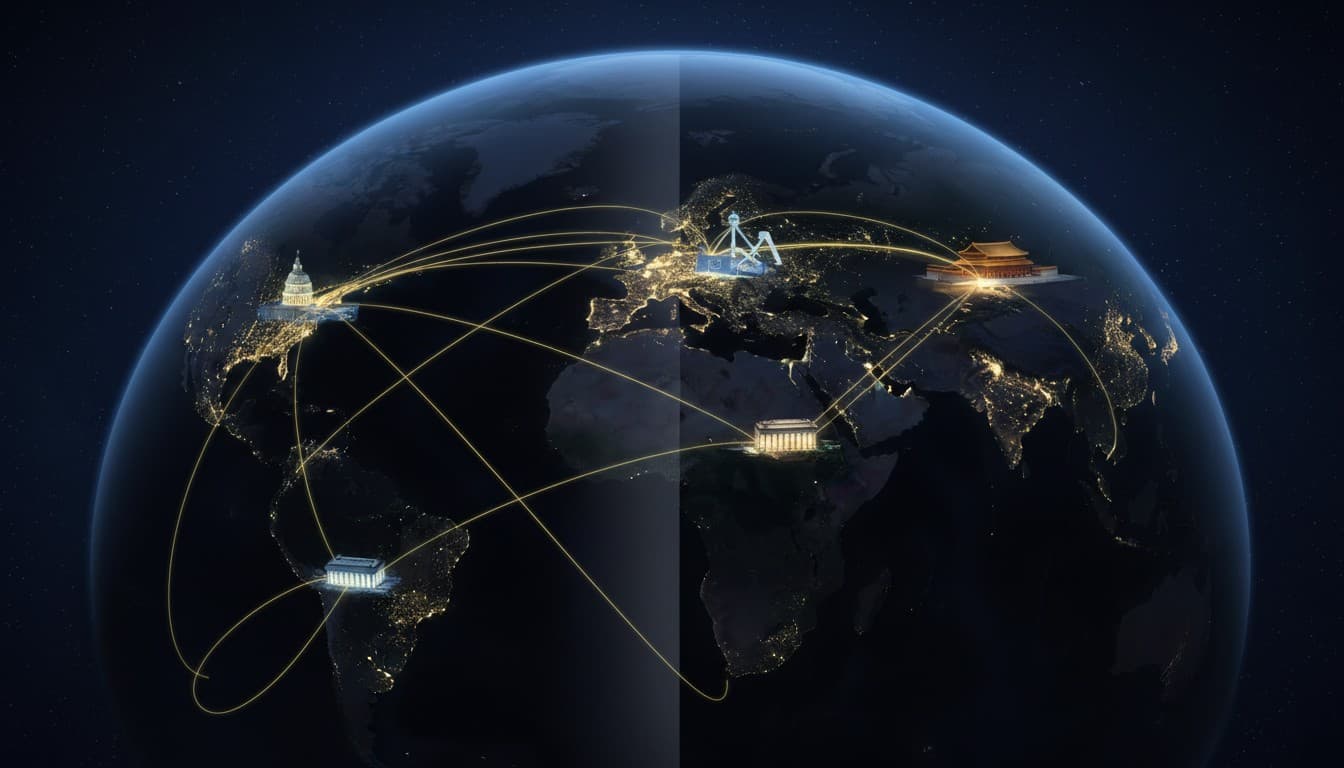 Global capitals connected by light trails representing parallel governance experiments