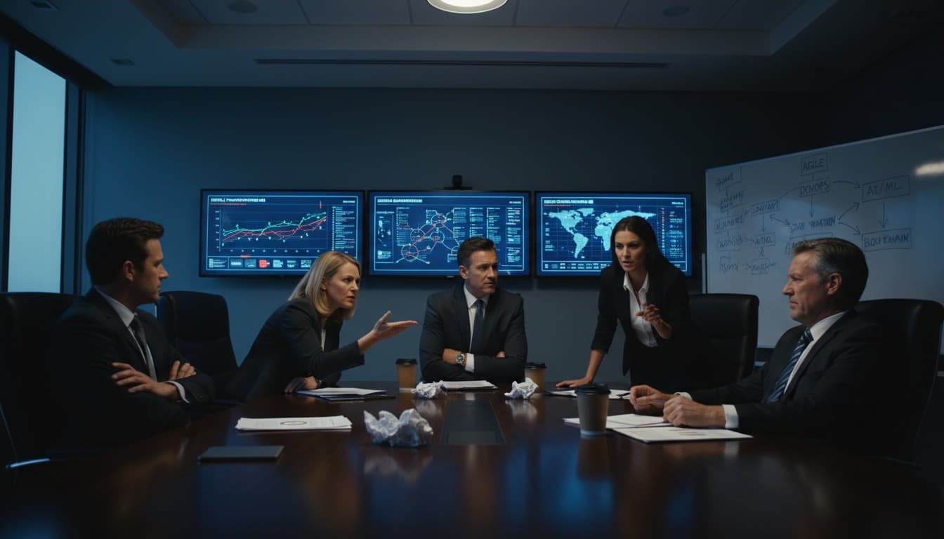Tense boardroom discussion about digital transformation strategy