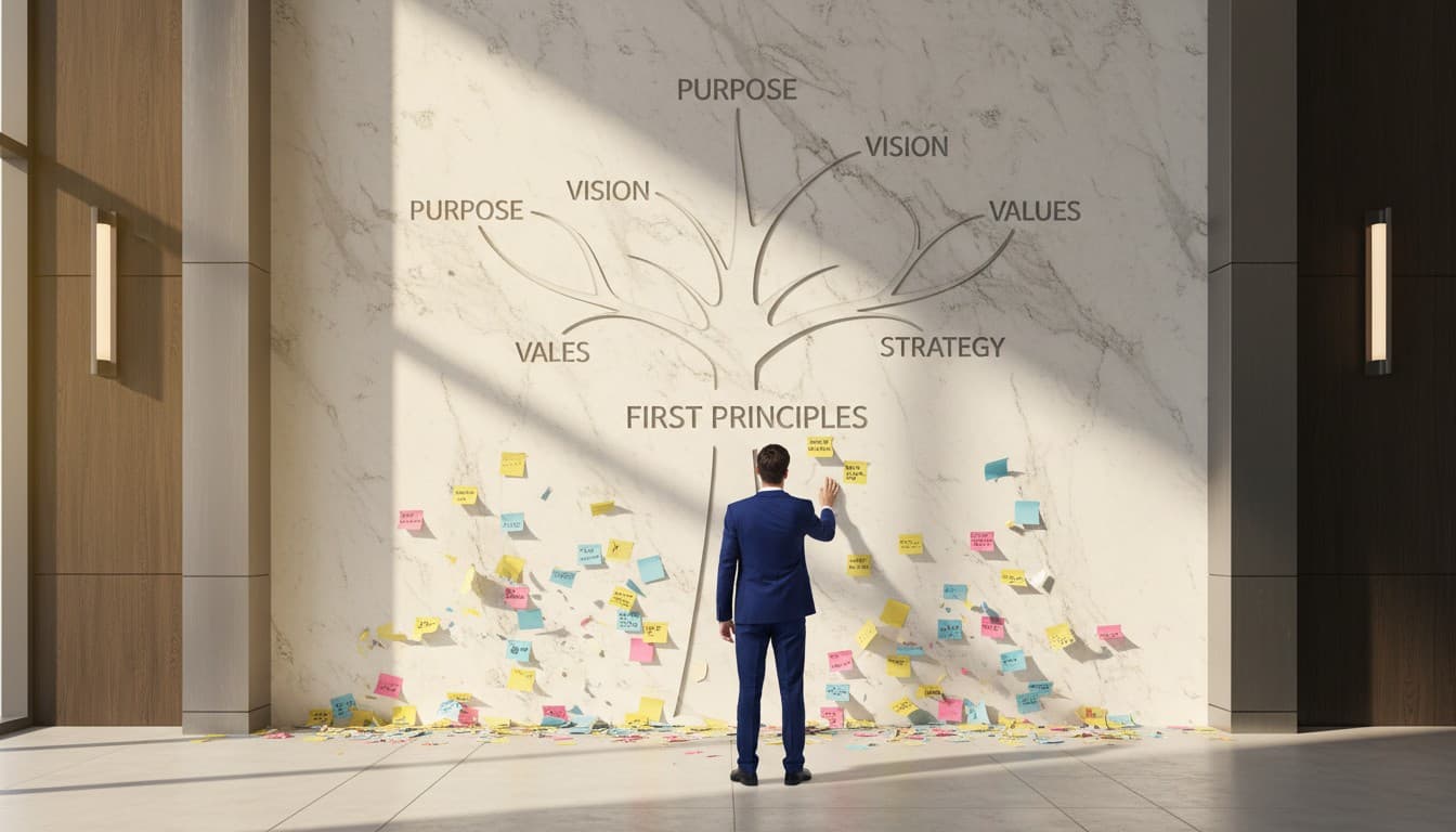 Executive studying first principles carved in marble while narratives crumble