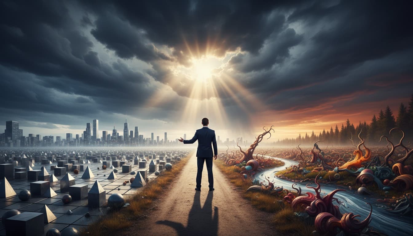 Leader at crossroads between order and chaos representing paradox in leadership