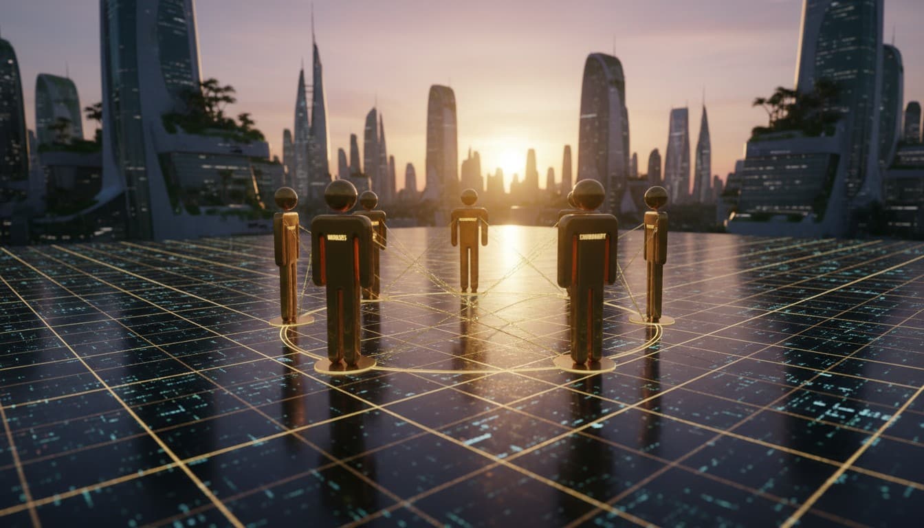 Stakeholder figures on blockchain network representing convergence of capitalism and decentralization