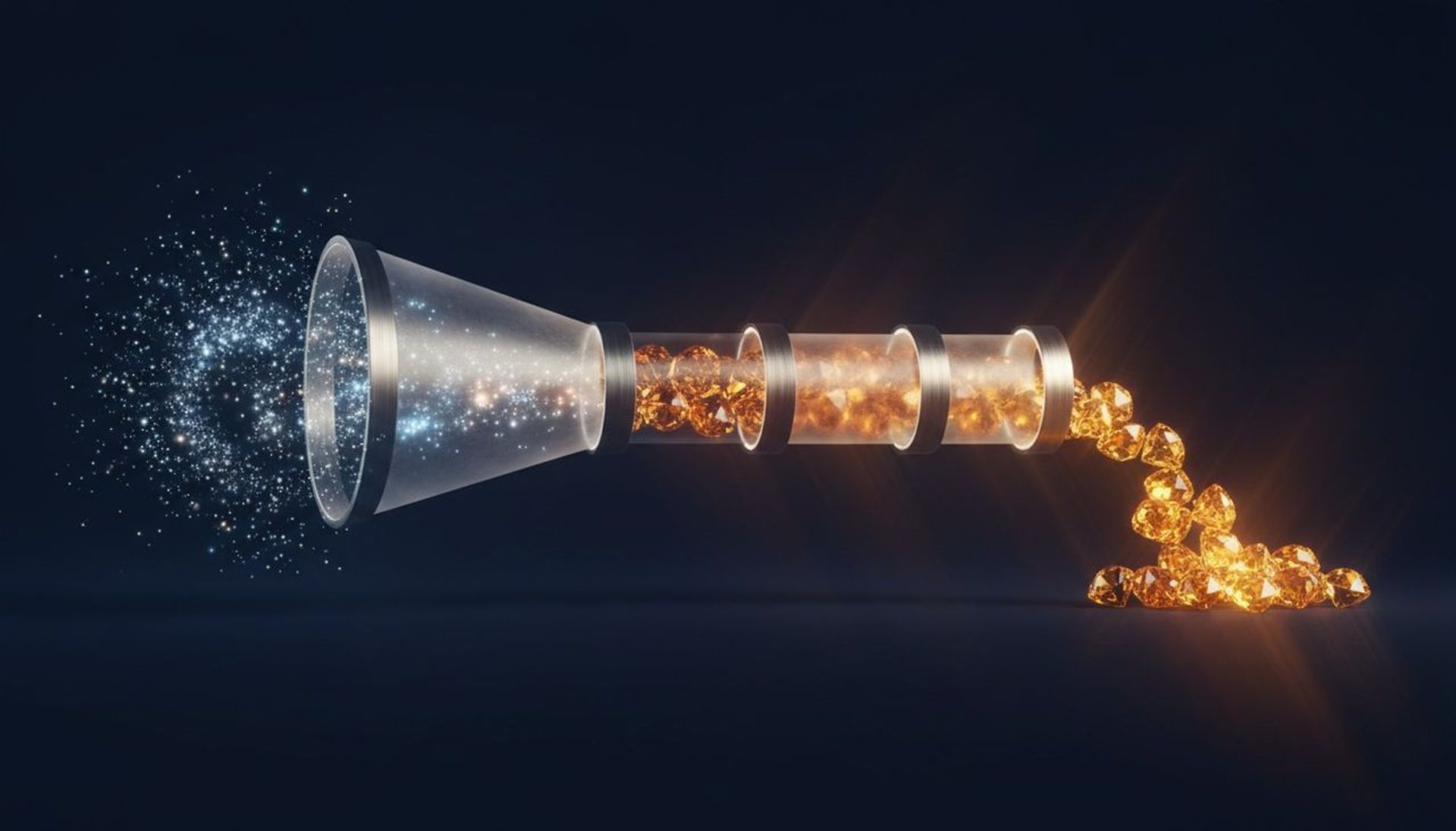 Abstract visualization of a pipeline or funnel transforming raw ideas (scattered light particles) into polished golden g