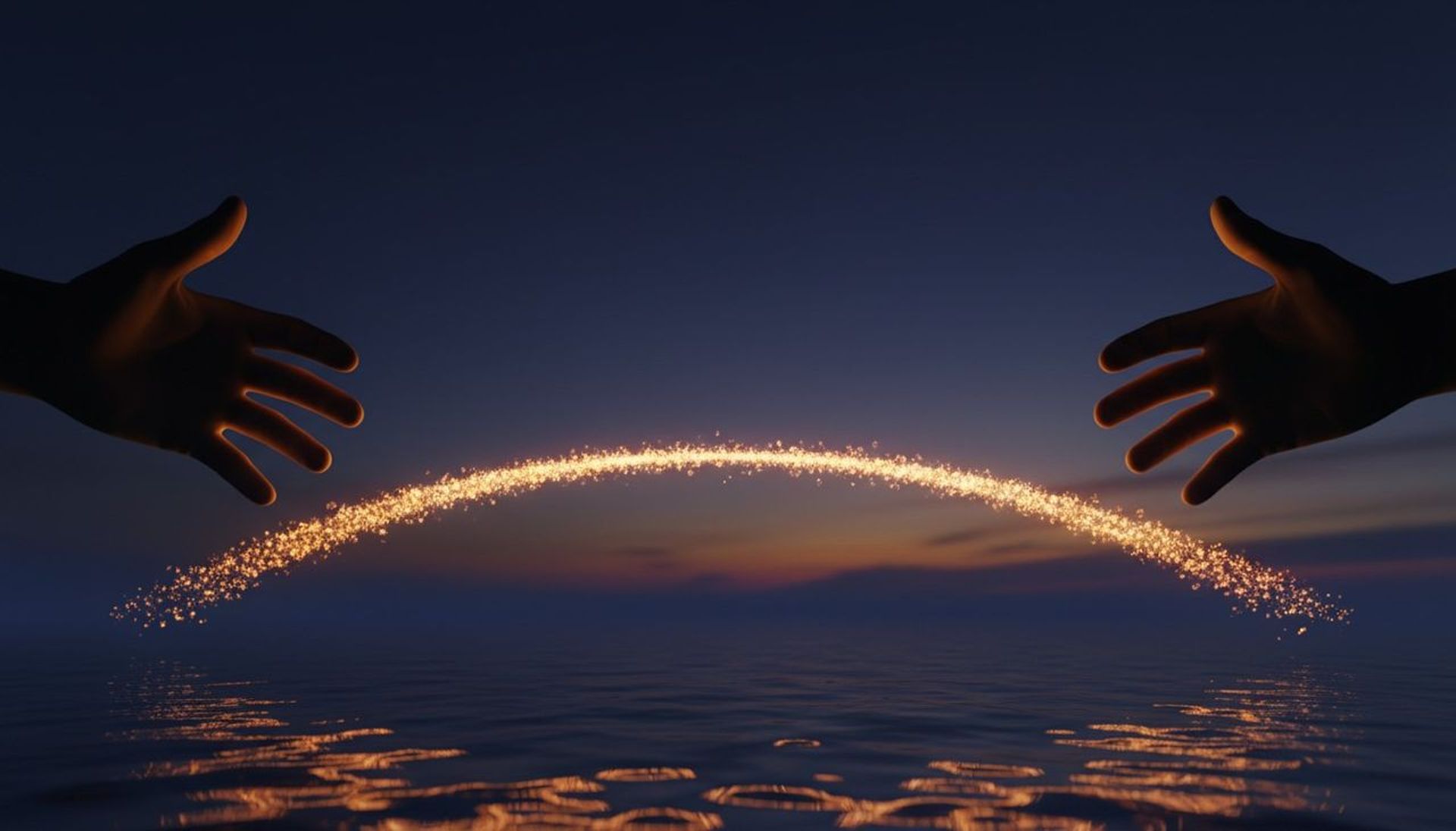 Two hands reaching toward each other across a bridge of light, symbolizing partnership and collaboration, golden hour ba