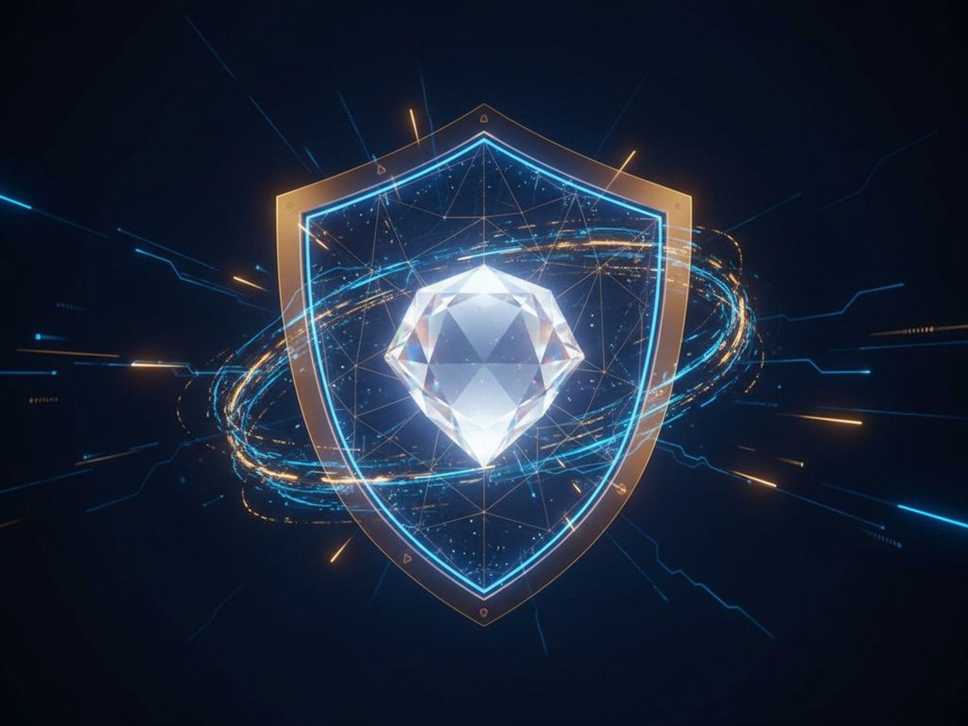 A glowing digital shield protecting a brilliant diamond-like crystal core, representing intellectual property protection